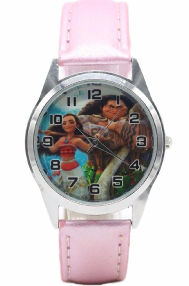 TCB Creations Classic Cartoon Princess Moana Character Pink Leather Band Wrist Watch