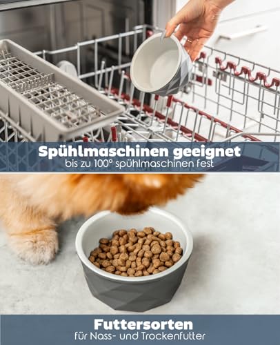 lionto Futternapf aus Keramik mit rutschfestem Silkonboden, 350 ml, Hundenapf aus robustem & geruchsneutralem Material, leicht zu reinigen, ergonomisches Design, Wassernapf für Hunde&Katzen, grau