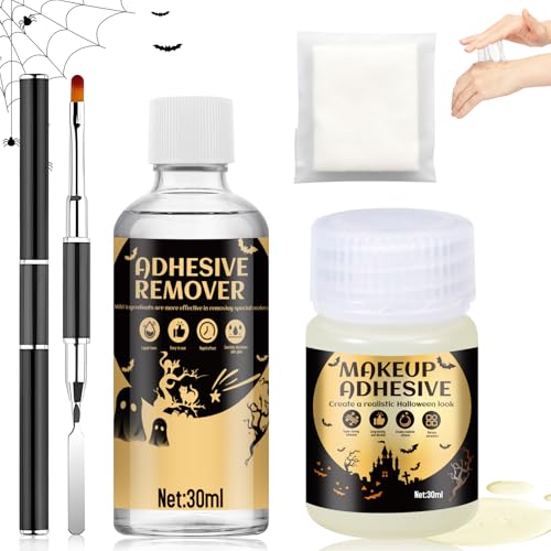 Hautkleber Halloween, 30ml Mastix Hautkleber+30ml Gesichtskleber Remover, Hautkleber Gesicht Scar Liquid für Halloween, Karneval, Party, Drama, Rollenspiele, Starker Klebstoff, Fällt Nicht Leicht