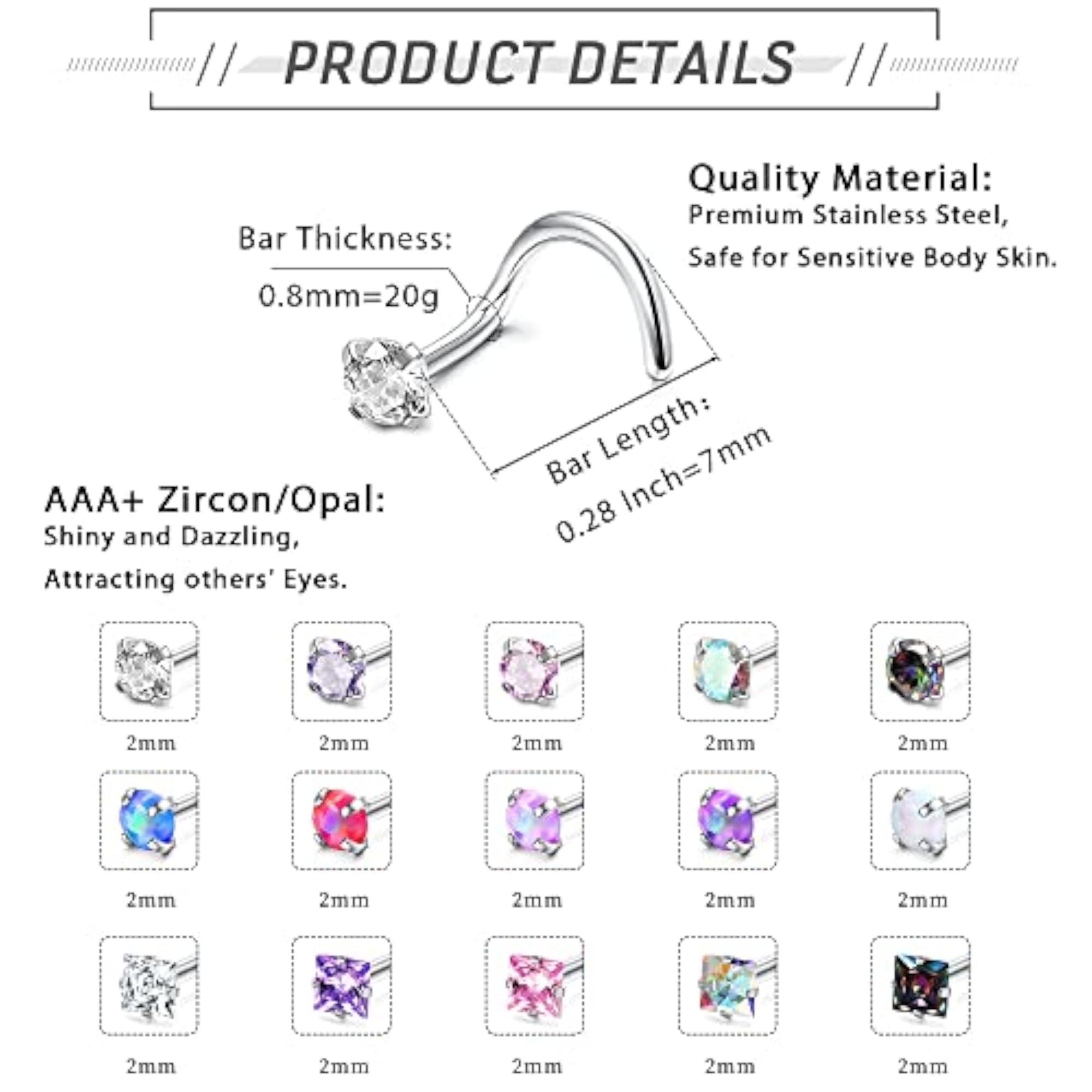 20pcs 20G Stainless Steel Nose Piercing Stud Set, Unisex