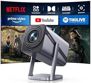 Mini Beamer 4K [Kompatibel mit Netflix|Dolby Audio] 600ANSI Smart Beamer Full HD 1080P Auto Fokus Auto Vertikale Trapezkorrektur 360° Drehbar WiFi6 Bluetooth Kurzdistanz Projektor für Home Outdoor