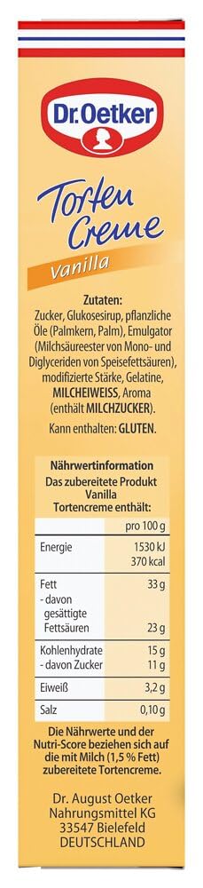 Dr. Oetker Tortencreme Vanilla 11 x 140 g – Verwirklichen Sie Ihren persönlichen Tortentraum mit der Dr. Oetker Tortencreme Vanilla, die allen Torten mit Creme einen leckeren Geschmack nach Vanille verleiht.