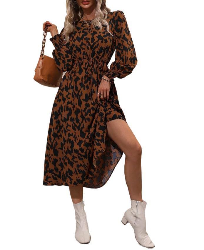 fdsmall Damen Boho Maxi Kleid Leopard Print Langarm Rundhals Rüschen Kleid mit Krawatte Taille,Casual Midi Kleider (DE/NL/SE/PL, Alphanumerisch, M,...