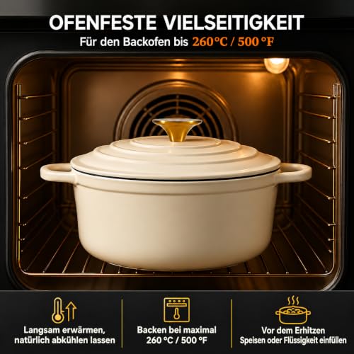 Nilpferd Gusseisen Topf Schmortopf Emaille Bräter, Cremeweiß, 28cm/6,5L – Ansicht 5