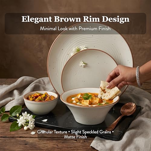 Image of Miah Decor Ceramic Dinner Set - 14-Piece Handmade Stoneware | 4 Bowls, 4 Quarter Plates, 4 Dinner Plates & 2 Serving Bowls | Off White Ribbed Matte Finish | Microwave & Dishwasher Safe | Ideal Gift