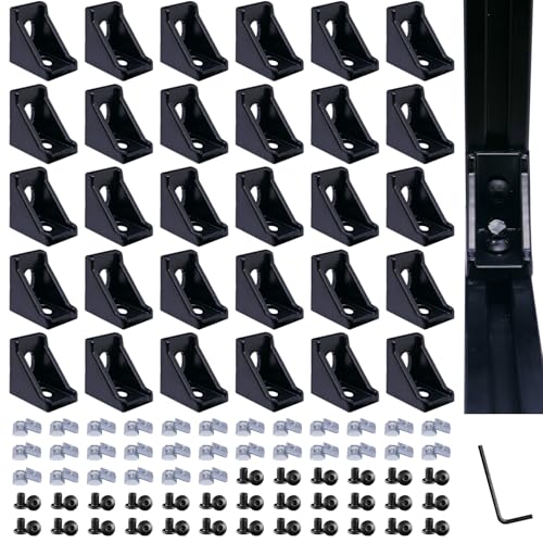 QIJINTRID 30 Sets 2020 Aluminum Extrusion Black Connectors,30pcs 2020 Series Corner Brackets,with 60pcs Sliding T Nuts and Screws, for Aluminum Extrusion Profile Slot 6mm