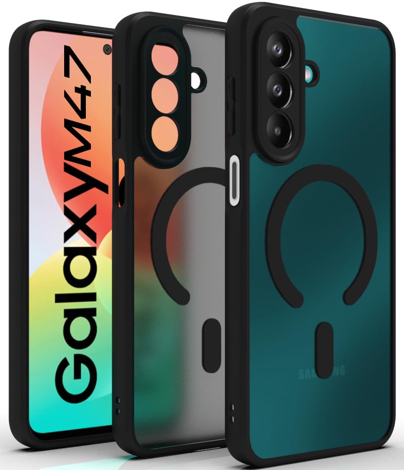 Image of RIGGEAR Shockproof Sleek Hybrid Armor Magnetic Back Cover Case Compatible with MagSafe Accessories for Samsung Galaxy M47 5G (Smoke Black Matte PC + Black TPU Bumper)