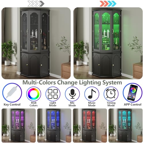 Corner Bar Cabinet w/LED Lights, Tall Modern Wine Cabinet with Tempered Glass Door & Adjustable Shelves, Home Bar Liquor Storage Cabinet with Glass Rack for Living Room, Dining Room (Black)