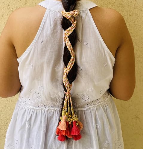 Image of Zippy Flora Handmade Boho Kaner Parandi (Peach) | Traditional Paranda Hair Accessory with Decorative Braid Tassels | Ethnic Hair Extension for Choti & Braided Hairstyles