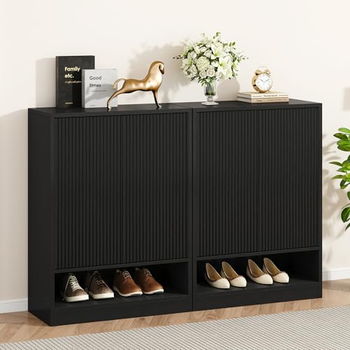 Image of Fluted Shoe Cabinet with Doors, 2 Pieces 41 inch Tall Entryway Shoe Organizer Cabinet with Adjustable Shelves, 5-Tier Modern Wood Free Standing Shoe Rack for Hallway, Living Room, Closet, Black
