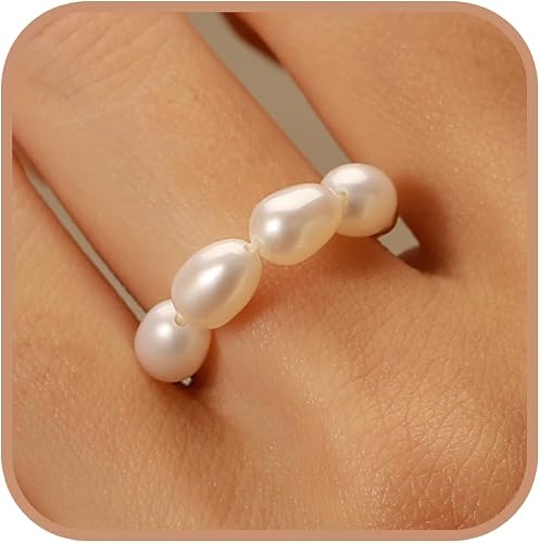 Lcenbk 925 Sterling Silver Dainty reshwater Pearl Ring for Women (Silver)