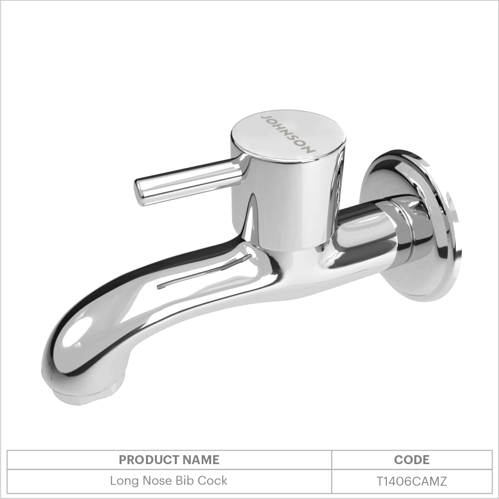 Johnson Coral Brass Long Nose Bib Cock Faucet | Wall Mount| Corrosion Free| for bathrooms, Kitchens, Gardens| Bib Cock with Flange Disc Valve | Blue Chrome Colour Faucet | 10 Years Warranty 1