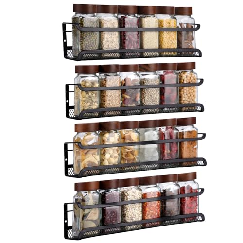 MANFÂ Lot de 4 Étagères à Épices Noires en Métal avec Panier Filet - Support Mural Sans Percer (Adhésifs & Vis Incluses) - Pour Cuisine, Porte d'Armoire...