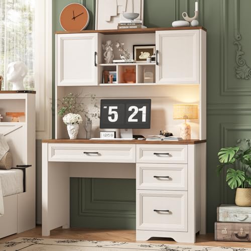 Image of Vabches Farmhouse Executive Desk with 4 Drawers and Storage Cabinet, Rustic Large Home Writing Desk with Hutch, Workstation for Bedroom, White