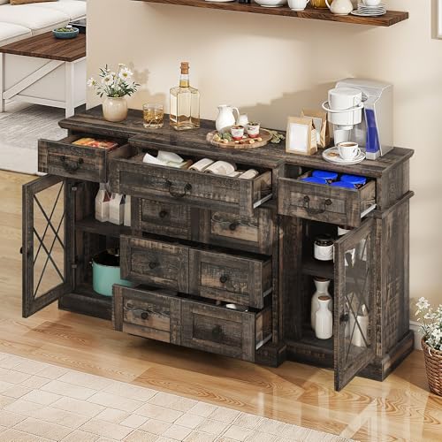 DWVO Farmhouse Sideboard Buffet Cabinet with Storage, 59" Storage Cabinet with 9 Drawers, TV Stands up to 65" for Living Room, Dinning Room, Vintage Brown