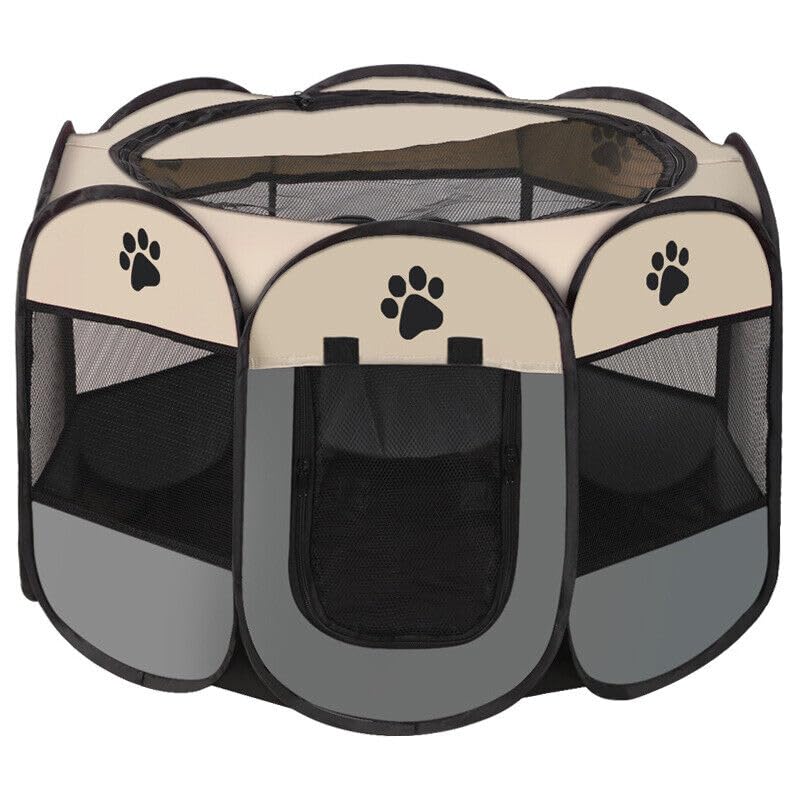 GA COMMUNICATIONS Portable Pet Playpen, Foldable Dog Cat Cage Indoor Puppy Play Pen, Breathable Mesh Pet Carrier Kennel Soft Tent For Large Dogs Travel Puppies Playpens (Grey/Beige, 91 * 91 * 58 cm)