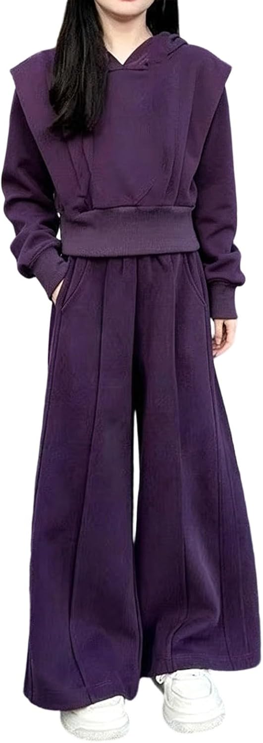 Girls 2 Piece Hooded Sweatsuit,Cropped Top,Wide Leg Sweatpants | School daily casual wear | Soft baggy comfy fit