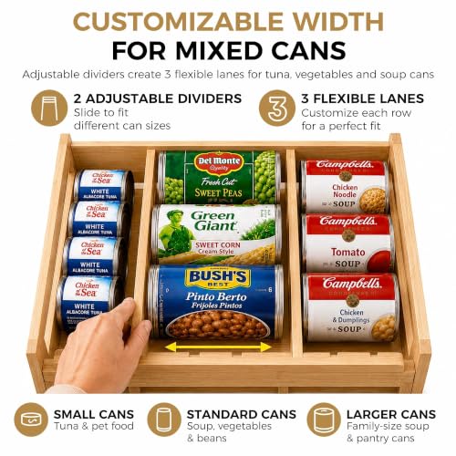 MinBoo-Bamboo-FIFO-Can-Organizer-for-Pantry-24-Can-Gravity-Dispenser-with-Adjustable-Dividers-Freestanding-Wood-Canned-Food-Storage-Rack-for-Soup-Soda-and-Pet-Food-155-W-x-116-D-x-94-H
