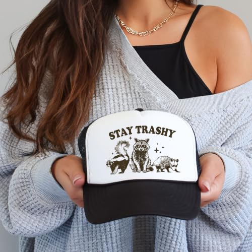 Image of Stay Trashy Funny Raccoon Graphic Classic 5 Panel Mesh Snap Back Trucker Hat