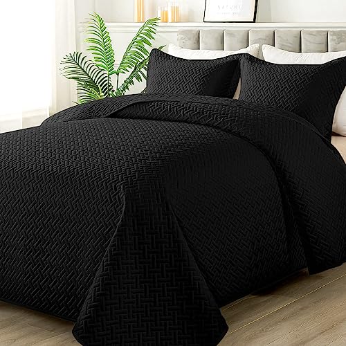 Image of HYLEORY Quilt Set Full Queen Size - Soft Lightweight Quilts Summer Quilted Bedspreads - Reversible Coverlet Bedding Set for All Season 3 Piece (1 Quilt, 2 Pillow Shams) - Black