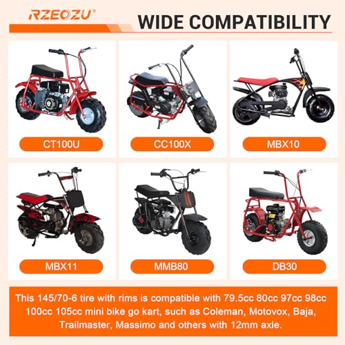 Image of 145 /70-6 Tires, Mini Bike Front Wheels Rims and Tires Assembly Kit Compatible with Coleman CT100U CC100X Baja DB30 Motovox MBX10 MBX11 Monster Moto 80 105cc Minibike Go Kart Parts V-Tread Tire
