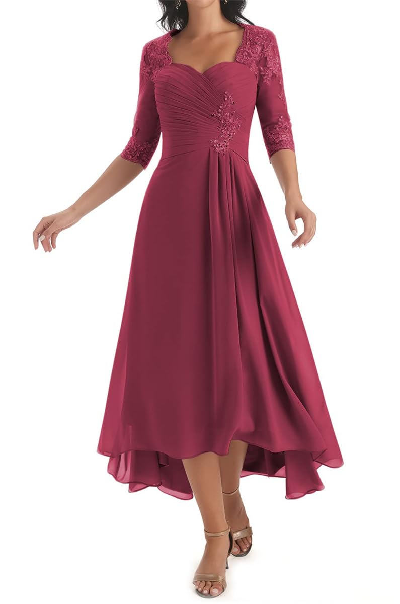 Hppee Women's Desert Rose High Low Mother Of The Bride Dresses For With Sleeves A Line Chiffon Lace Applique Formal Mother Of Groom Dress Uk14