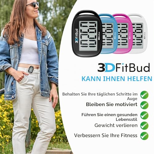 3DFitBud Einfacher Schrittzähler 3D von 3DActive mit Clip Lanyard Präziser Schrittzähler Großes...