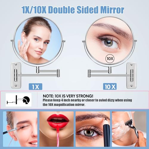 Image of Large Size 9-in Wall Mounted Magnifying Makeup Mirror 1X /10X Magnification,Extendable Bathroom Mirrors Wall Mount Vanity Mirror for Shaving,12-in Folding Arm,Flexible Adjustable,Space-Saving,No Light