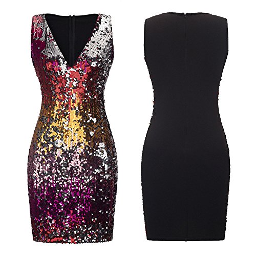 NOVMAY Vestido feminino sexy com decote em V, sem mangas, lantejoulas brilhantes e glíter, colado ao