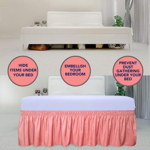 PureFit Wrap Around Ruffled Bed Skirt with Adjustable Elastic Belt - 22 Inch Drop Easy to Put On, Wrinkle Free Bedskirt Dust Ruffles, Bed Frame Cover for Queen, King and C-King Size Beds, Pink