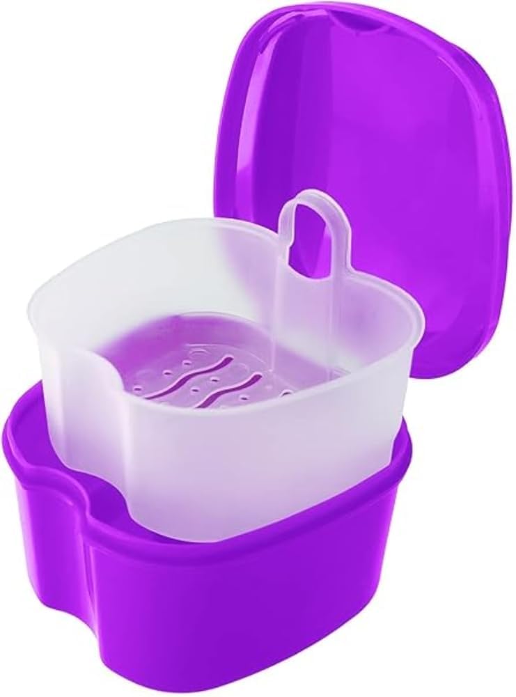 1Pack Denture Case Dental Mouthguard Case, Denture Bath Box Cleaning with Brush, Strainer Basket and Lid Waterproof - White