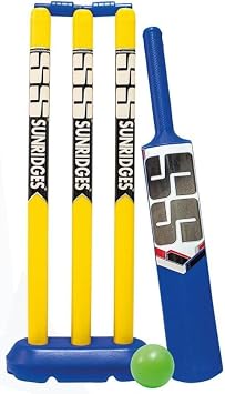 T TABAKH SS Junior Plastic Cricket Kit Playing Set, 1 Bat, 3 wickets, 1 Wicket Base, 2 bails, 1 Plastic Ball, Multi Player, Ages 13 and Up
