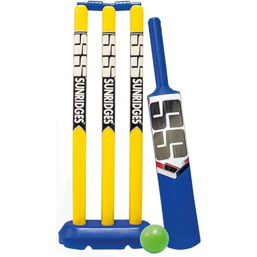 T TABAKH SS Junior Plastic Cricket Kit Playing Set, (1 Bat, 3 wickets, 1 Wicket Base, 2 bails, 1 Plastic Ball), Multi Player, Ages 13 and Up