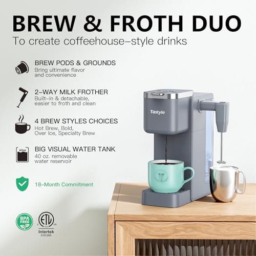 Image of Tastyle 330MF Single Serve Coffee Maker with Built-in Detachable Milk Frother, Iced and Hot Coffee Machine for K Cup & Grounds, 40oz Removable Water Reservoir, 6 Cup Sizes, Fits 7.3 inch Travel Mug, Gray