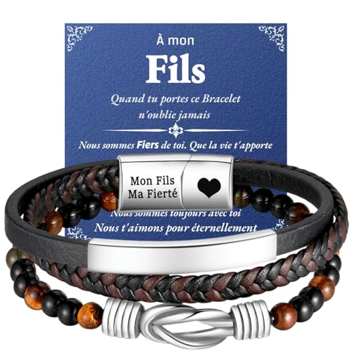 Jbniuay Fils bracelet - Bracelets pour mon fils - Cadeau ado garçon,Bracelet en cuir tressé en acier inoxydable avec aimant en cuir en forme d'œil de tigre,...