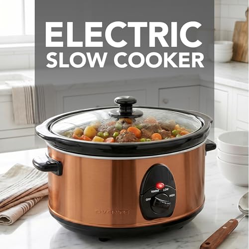 Image of OVENTE 3.7 Qt Electric Slow Cooker, 3 Heat Settings, Copper SLO35ACO | 200W Non-Stick & Dishwasher Safe Stoneware, Stainless Steel Body, Glass Lid, Oval Pot for Entrees, Soups, Sauces, Stews, Dips