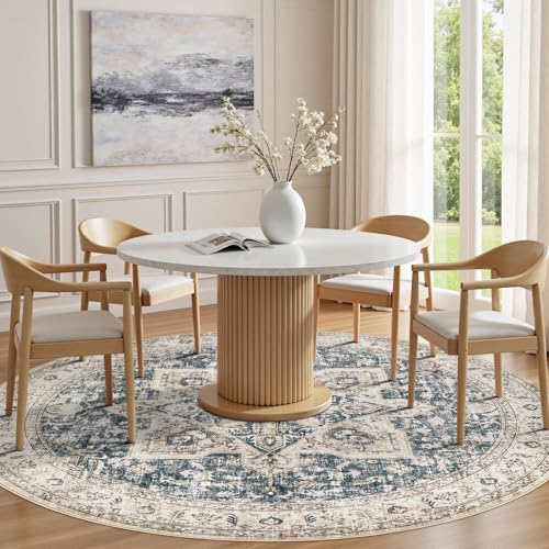 Tortania 8' Round Area Rug Living Room Rugs - Washable Boho Rug Vintage Oriental Distressed Farmhouse Large Thin Indoor Carpet for Bedroom Under Dining Table Home Office - Cream/Blue