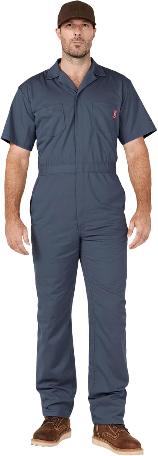 WORK IDEA Men's Short-Sleeve Work Coveralls - Lightweight Cotton-Blend Jumpsuit with Elastic Waistband, Ideal for Mechanics