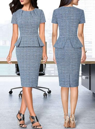 Image of VFSHOW Womens Pleated Crew Neck Peplum Work Business Office Church Bodycon Pencil Sheath Dress