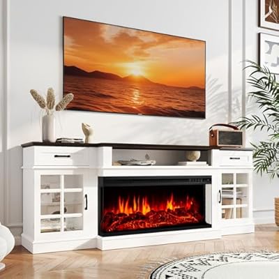 oneinmil 70" White TV Stand with 3-Sided Glass Electric Fireplace, Dual Cabinets & Two Drawers, Modern Entertainment Center with Adjustable Glass Shelves for Living Room