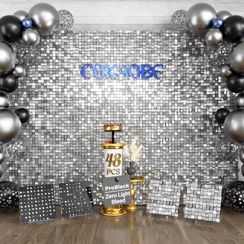 COKAOBE ProBlack Series Shimmer Wall Backdrop 48 Pcs Silver Square Sequin Glitter Backdrop Panel Black Back Not See-Through Design Perfect for Birthday Graduation Wedding and Party Decoration