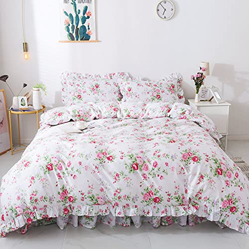 Fadfay Romantic Floral Bedding Set 4 Piece Premium 100% Cotton Pink Rose Print Bedding Ruffle Bedskirt Zipper Duvet Cover Cottage Bedding Queen Super Soft Women Girls Bedroom Decor #TOP1