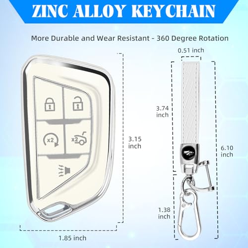 Image of QBUC for Cadillac Key Fob Cover with Leather Keychain (Chrome Trim White) | Soft TPU Protection Case Compatible with 2020-2026 Cadillac Escalade Lyriq Optiq 5-Buttons