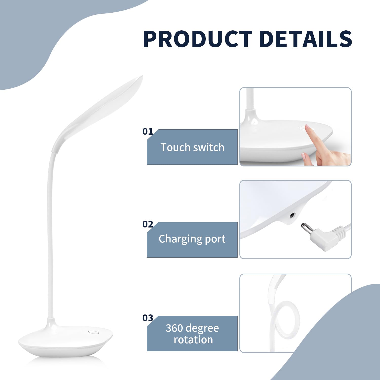Lampada Da Tavolo LED Portatile Con Collo Flessibile A 360°, Alimentazione USB, Touch Screen Con 3 Livelli Di Luminosità, Per Lettura, Studio E Notte
