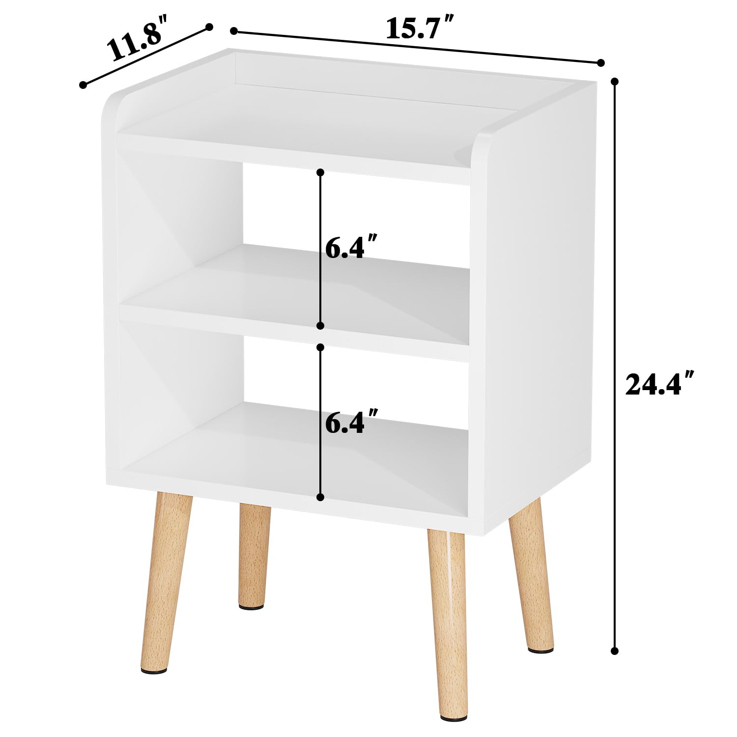 Mesita de noche moderna de mediados de siglo, mesita de noche de madera blanca, mesa auxiliar de 3 niveles con estantes de almacenamiento abiertos, mesita de noche pequeña para dormitorio, 2