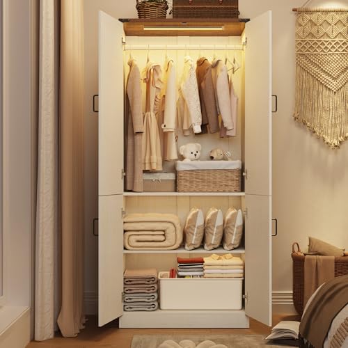 75-Tall-Farmhouse-2-Doors-Armoire-Wardrobe-Closet-with-LEDFreestanding-Closet-Wardrobe-Cabinet-for-Bedroom-with-Hanging-RodWooden-Armoire-Storage-Cabinet-with-Adjustable-ShelvesWhite 75 Tall Farmhouse 2 Doors Armoire Wardrobe Closet with LEDFreestanding Closet Wardrobe Cabinet for Bedroom with Hanging RodWooden Armoire Storage Cabinet with Adjustable ShelvesWhite