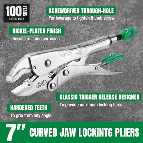 SK 7\" Curved Jaw Locking Pliers, Premium CR-V Construction, Ergonomic Anti-slip Handle, Ideal for Welding or Assembly - Thumbnail 3