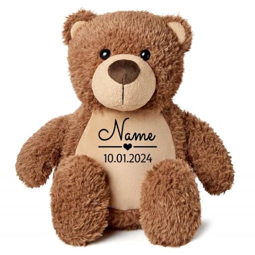 Elefantasie Stofftier Teddybär braun mit Name personalisiert Kuscheltier für Kinder Flauschiges Plüschtier 40cm Motiv Name und Datum