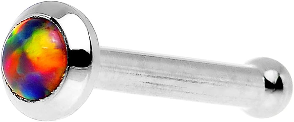 14k White Gold 2mm Fire Red Synthetic Opal Nose Stud Bone 18 Gauge 1/4"