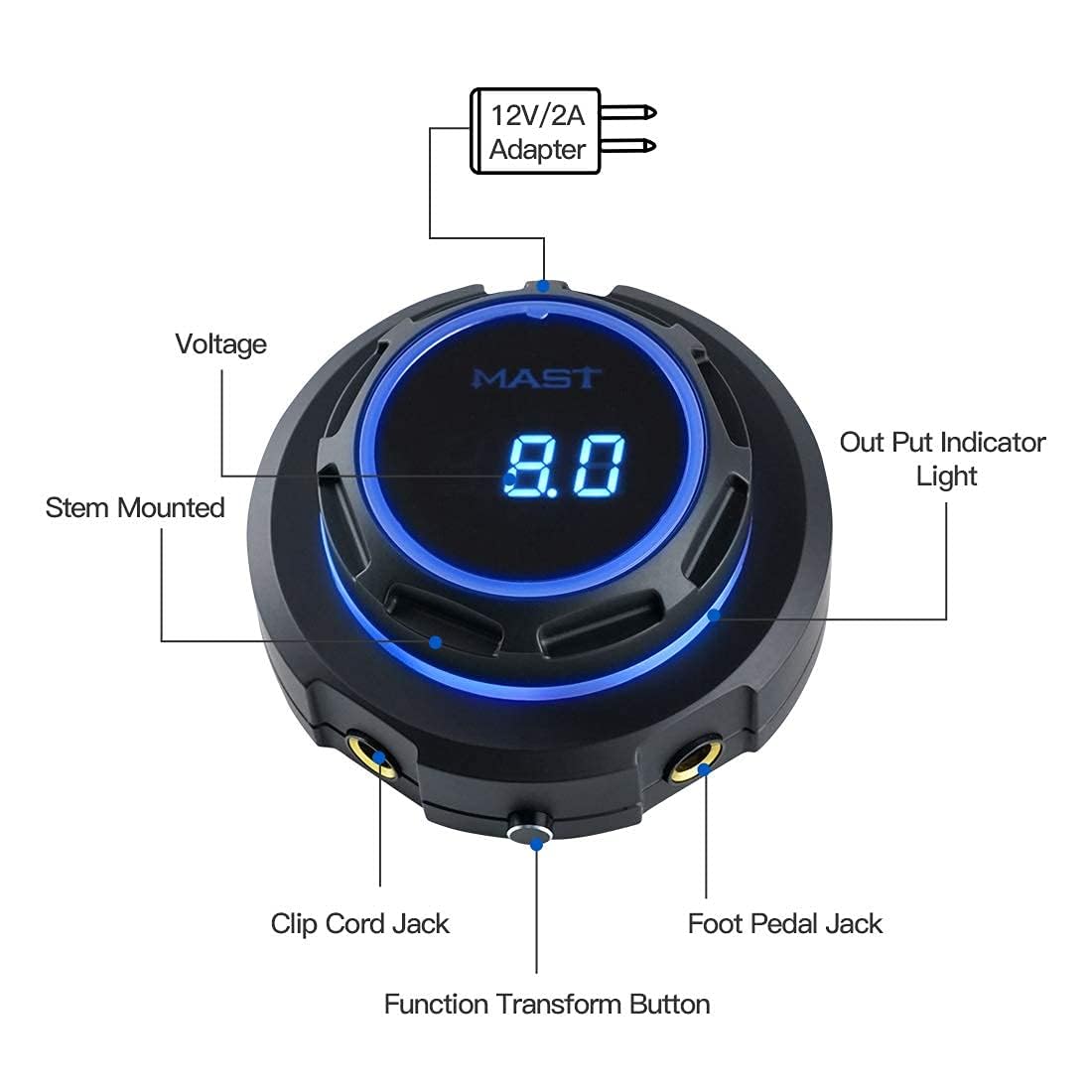 Mast Halo Tattoo Power Supply Blue Light Digital LCD Screen Display Stable Powerful 2A Power Supply for tattoo machine (blue)